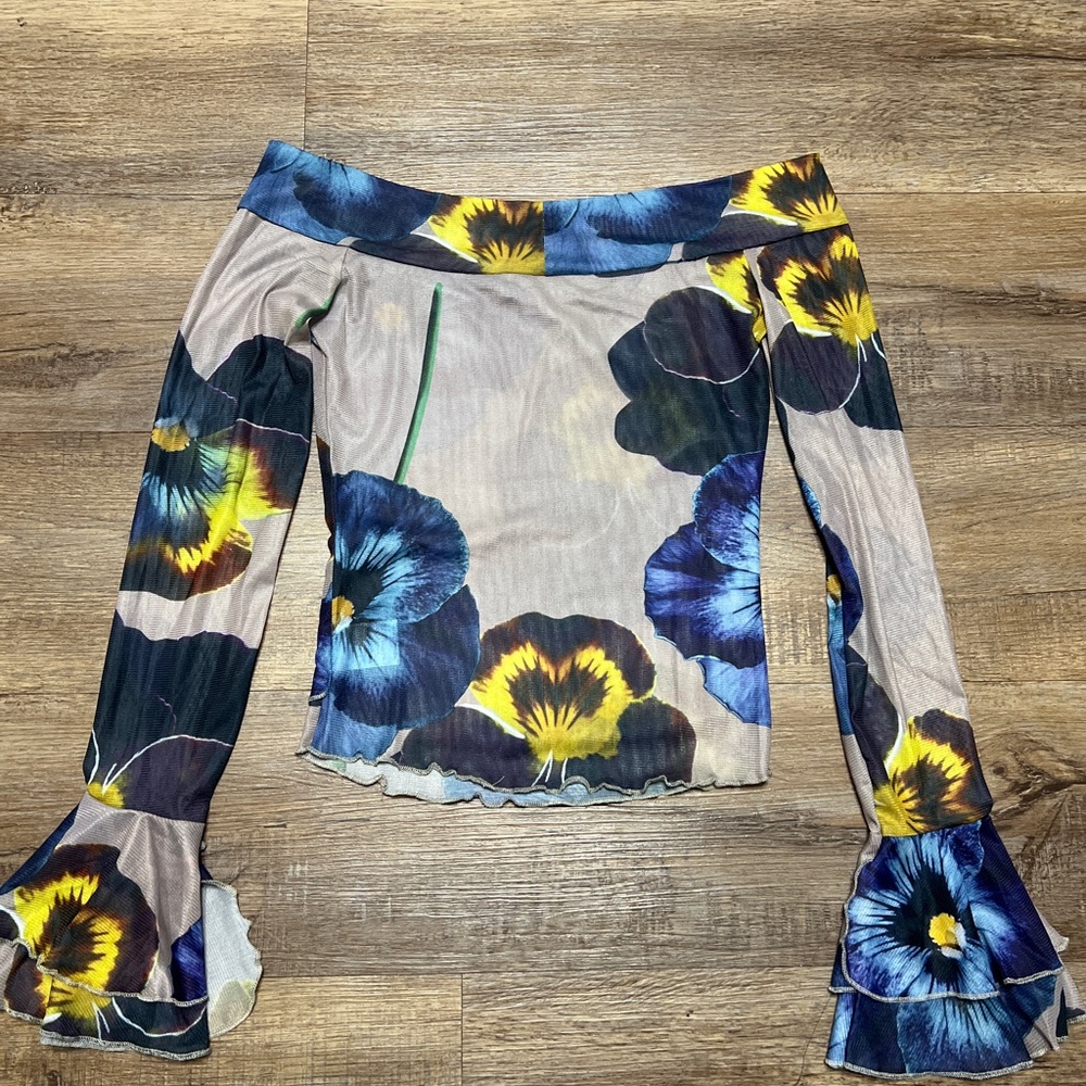 Off-Shoulder Floral Mesh Top in Blue & Yellow